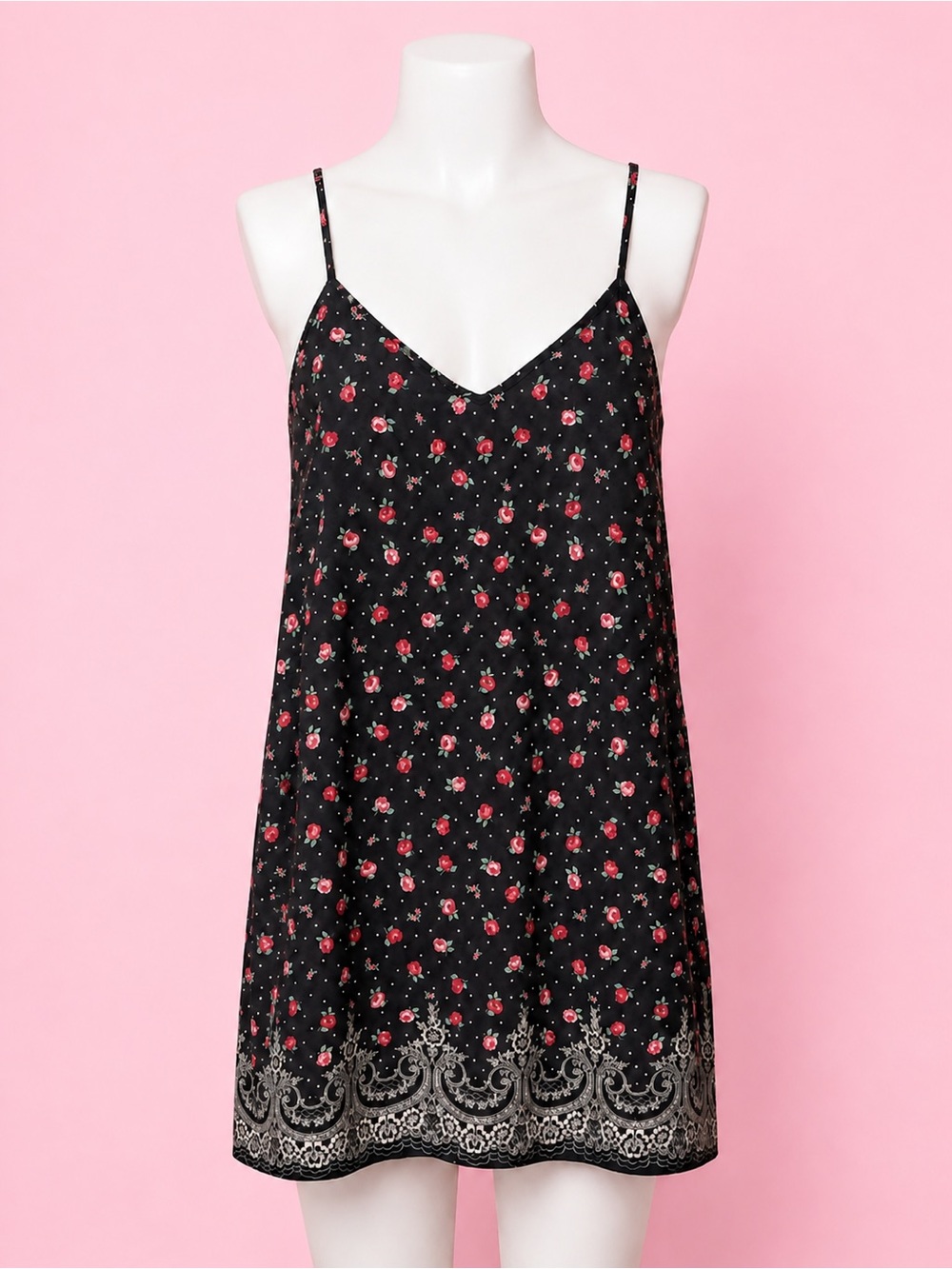 P.J. Salvage Black Slip Dress with Red Floral Print